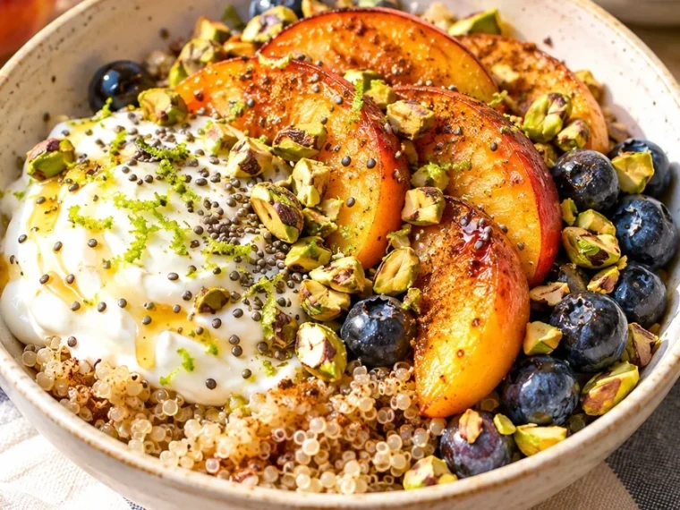 Golden Sunrise breakfast bowl with cinnamon quinoa, Greek yogurt, caramelized peaches, blueberries, pistachios, and chia seeds.