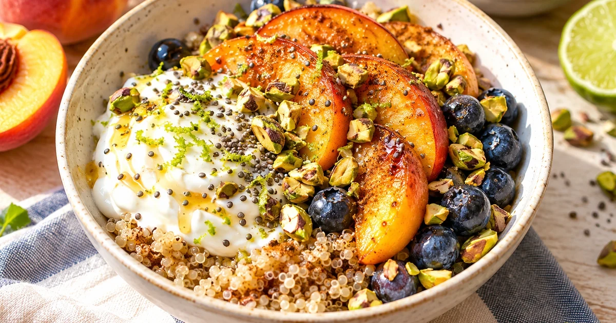 Golden Sunrise breakfast bowl with cinnamon quinoa, Greek yogurt, caramelized peaches, blueberries, pistachios, and chia seeds.